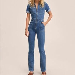 Mango Short-Sleeve Blue Denim Jumpsuit with Front Zip